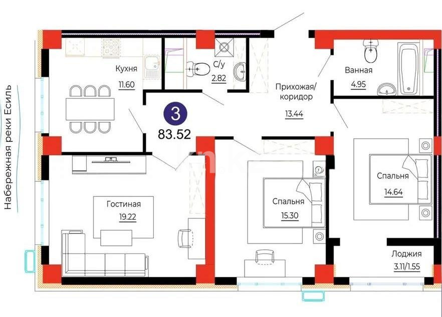 Продажа 3-комнатной квартиры, 83.3 м² в Астане