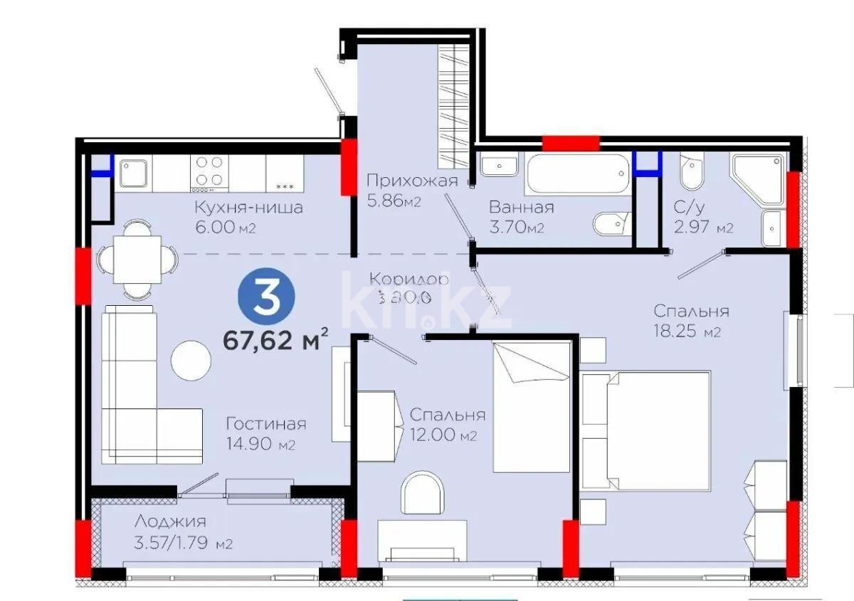 Продажа 3-комнатной квартиры, 68 м², ул. Е-900, дом  8 - Продажа  трехкомнатных квартир в новостройках Астаны фото 1 из 1