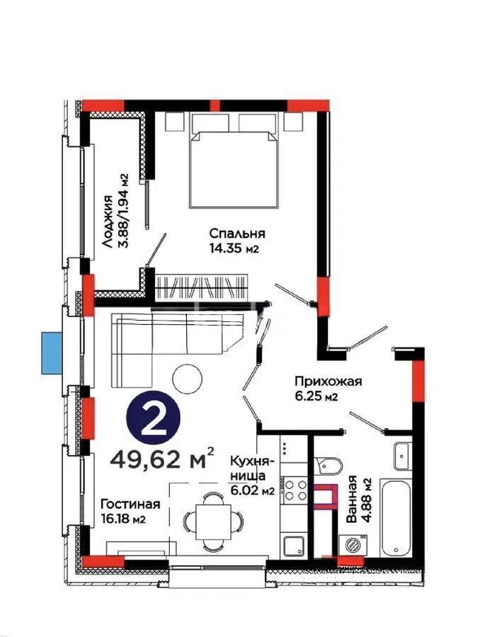 Продажа 2-комнатной квартиры, 49.62 м² в Астане