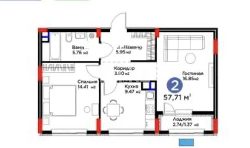 Продажа 2-комнатной квартиры, 57.7 м² в Астане