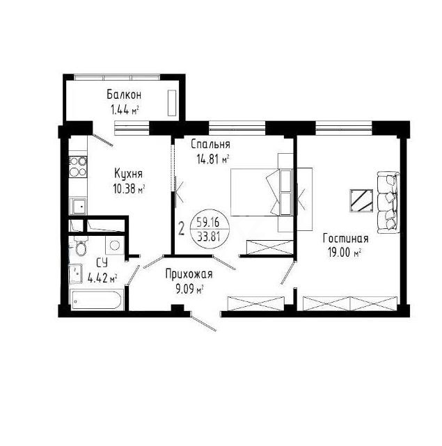Продажа 2-комнатной квартиры, 59.16 м² - Продажа  двухкомнатных квартир в новостройках Астаны - страница 41 фото 1 из 1