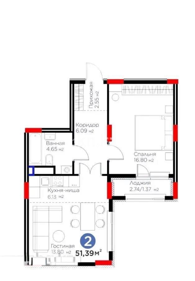 Продажа 2-комнатной квартиры, 51.39 м² в Астане