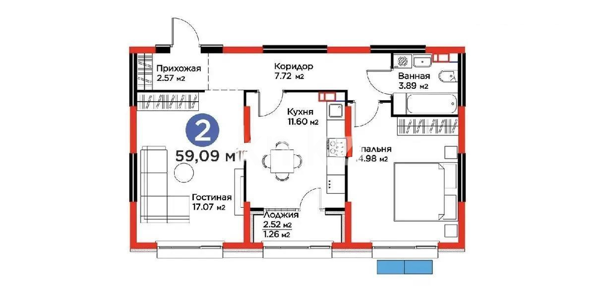 Продажа 2-комнатной квартиры, 59 м² - Недвижимость в Алматы - страница 3 фото 1 из 1