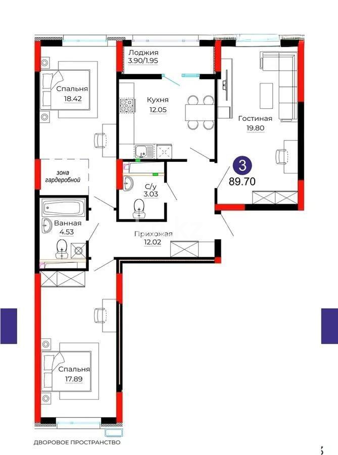 Продажа 3-комнатной квартиры, 90 м², ул. Серкебаева, дом  22 - Продажа  трехкомнатных квартир в новостройках Астаны без посредников фото 1 из 1