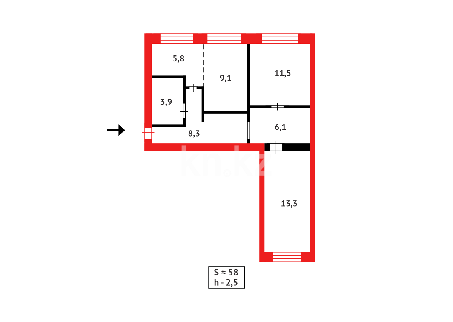 Продажа 3-комнатной квартиры, 58 м², ул. Космодемьянской, дом  1а - Продажа  трехкомнатных квартир в Караганде с фото фото 3 из 13