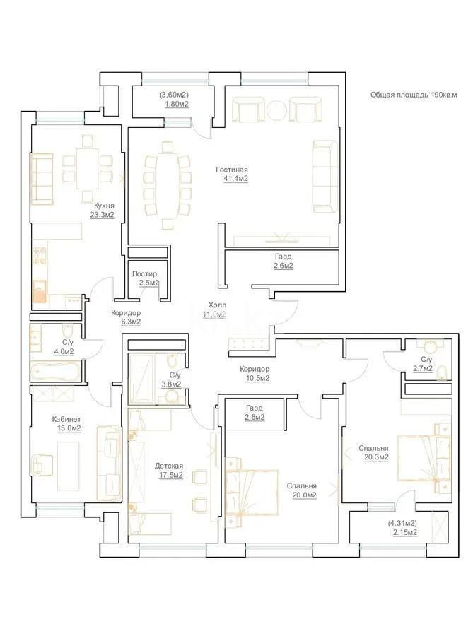 Продажа 5-комнатной квартиры, 195 м², ул. Калдаякова, дом  8 - Продажа  пятикомнатных квартир в новостройках Астаны фото 7 из 7