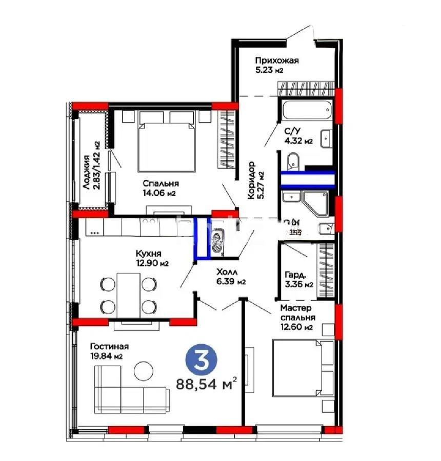 Продажа 3-комнатной квартиры, 88.54 м² в Астане