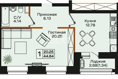 Продажа 1-комнатной квартиры, 44.64 м², ул. Калдаякова, дом  60б в Астане