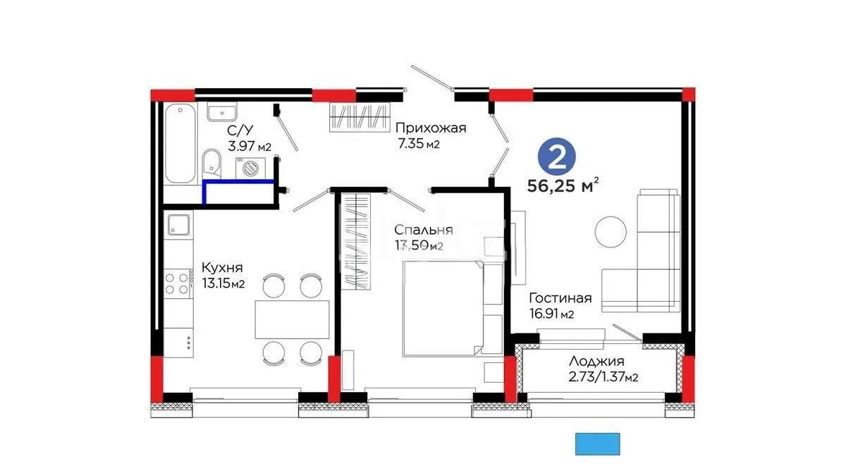 Продажа 2-комнатной квартиры, 56.25 м² в Астане