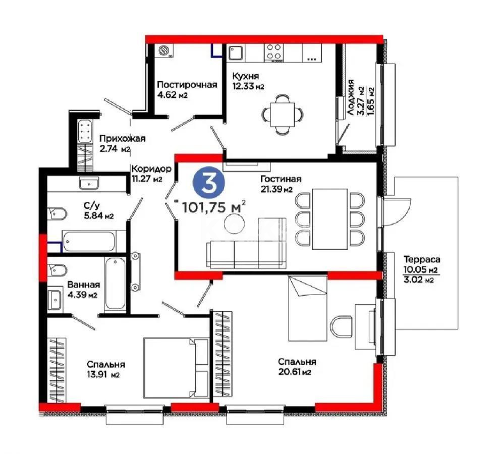 Продажа 3-комнатной квартиры, 101.75 м², ул. Рыскулова, дом  1/1 - Продажа  трехкомнатных квартир в новостройках Астаны без посредников фото 1 из 1
