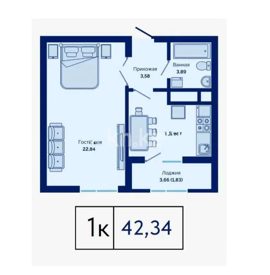 Продажа 1-комнатной квартиры, 42.34 м² в Астане