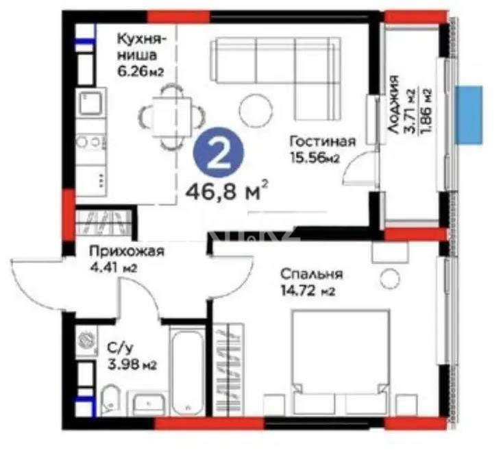 Продажа 2-комнатной квартиры, 46.8 м², ул. Рыскулова, дом  9 стр в Астане - фото 2