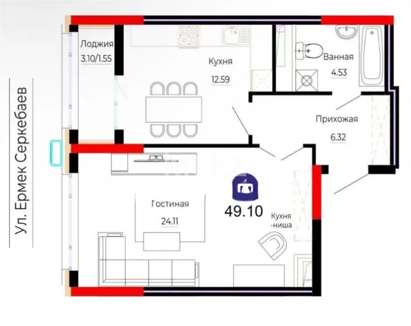 Продажа 2-комнатной квартиры, 49.1 м², ул. Е-882, дом  7 в Астане
