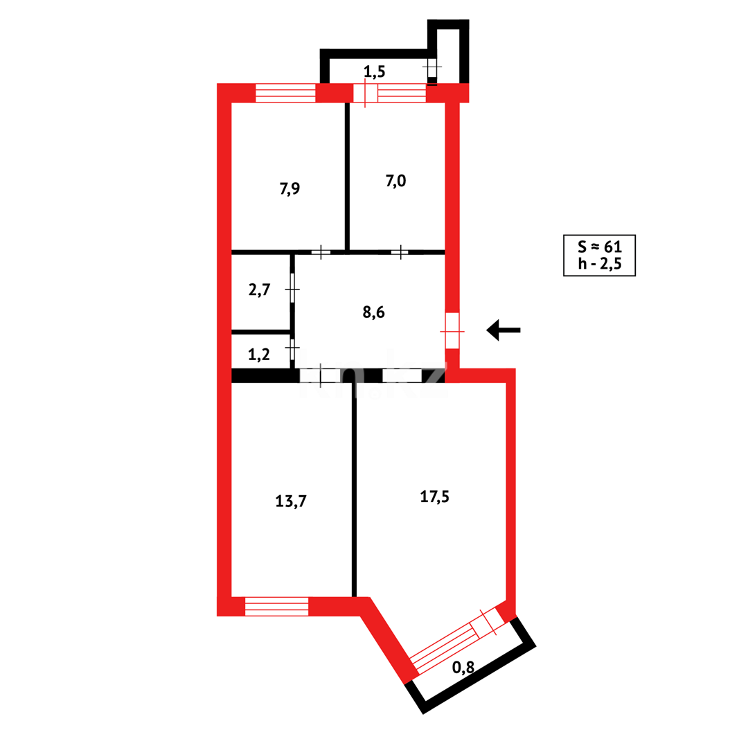 Продажа 3-комнатной квартиры, 58 м², ул. Аманжолова - Продажа квартир в Караганде фото 6 из 6