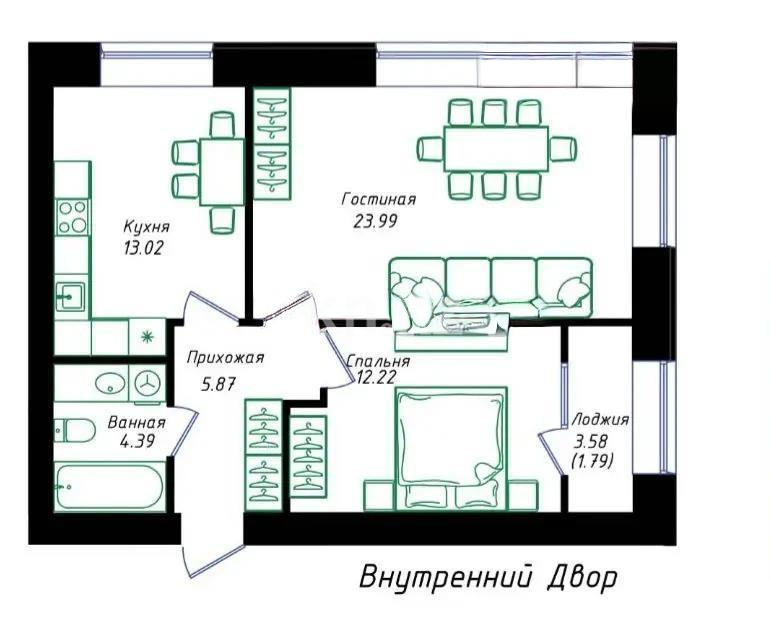 Продажа 2-комнатной квартиры, 61.28 м² в Астане
