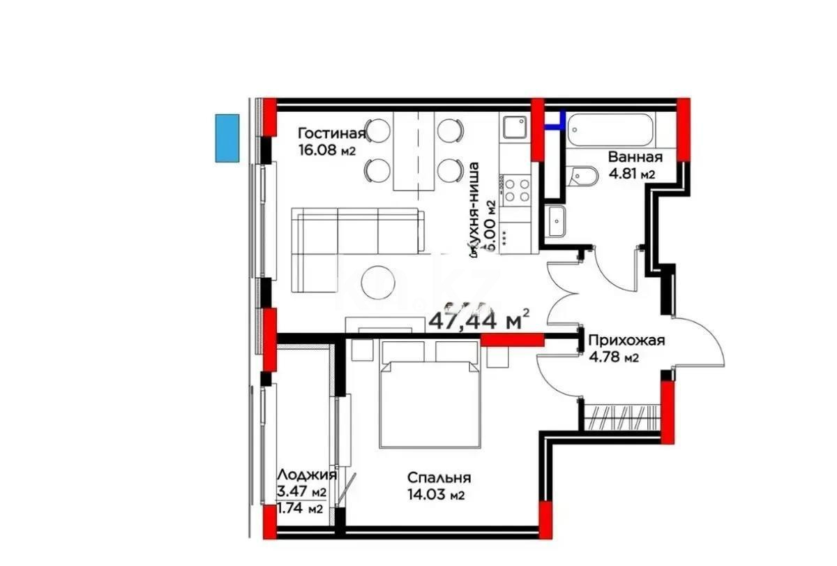 Продажа 2-комнатной квартиры, 47.44 м², ул. Бухар жырау, дом  33 - Продажа квартир в Астане без посредников фото 1 из 1