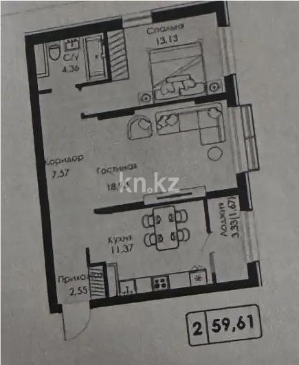 Продажа 2-комнатной квартиры, 59.61 м² - Продажа  двухкомнатных квартир в новостройках Алматы - страница 19 фото 1 из 1