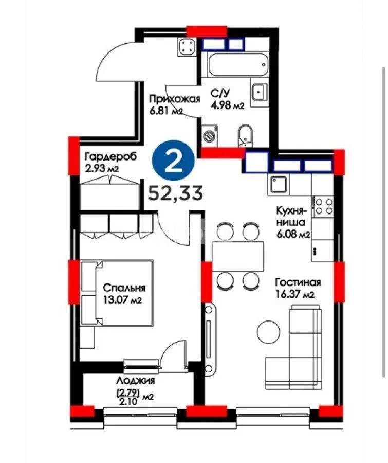 Продажа 2-комнатной квартиры, 52.33 м², ул. Мухамедханова, дом  6а - Продажа  двухкомнатных квартир в новостройках Астаны без посредников фото 1 из 1