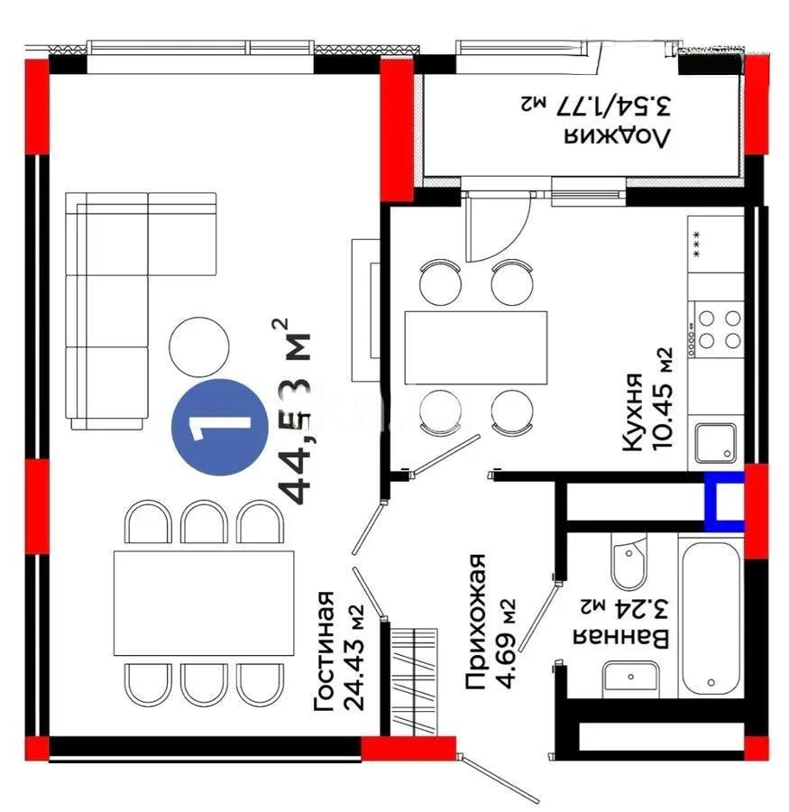 Продажа 1-комнатной квартиры, 44.58 м², ул. Бухар жырау, дом  20 - Продажа  однокомнатных квартир в Астане без посредников с фото фото 1 из 1