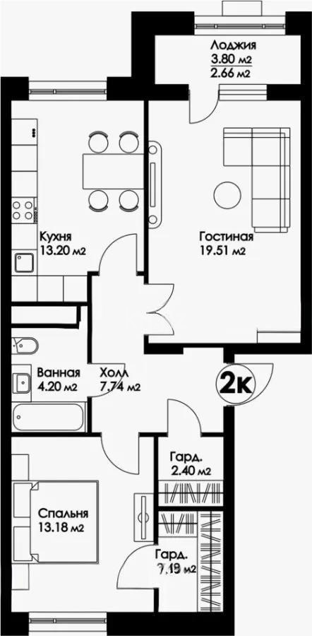Продажа 2-комнатной квартиры, 66.38 м² в Астане
