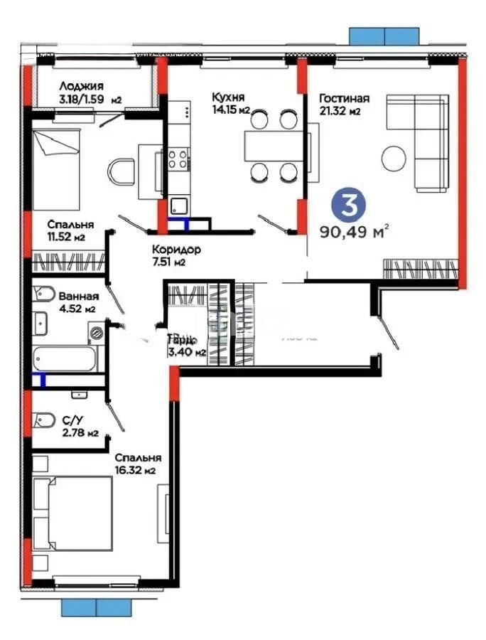 Продажа 3-комнатной квартиры, 90.49 м² - Продажа квартир в Казахстане - страница 34 фото 7 из 7