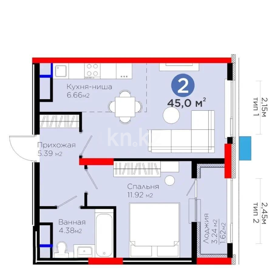 Продажа 1-комнатной квартиры, 45 м², ул. Е-796, дом  1 стр в Астане