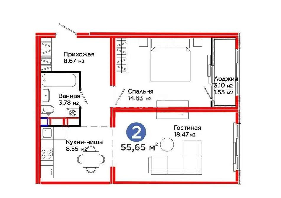 Продажа 2-комнатной квартиры, 55.65 м² - Продажа двухкомнатных квартир в блочном доме в Астане фото 1 из 1