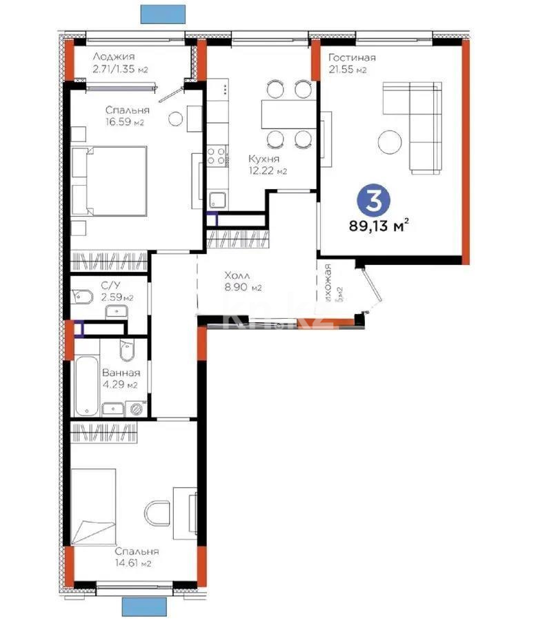 Продажа 3-комнатной квартиры, 89.13 м², ул. Бухар жырау, дом  57/6 - Продажа  трехкомнатных квартир в Астане без посредников фото 1 из 1