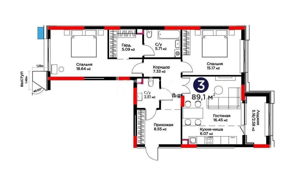 Продажа 3-комнатной квартиры, 89.1 м² в Астане