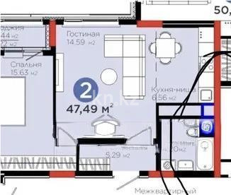 Продажа 2-комнатной квартиры, 47.49 м² в Астане