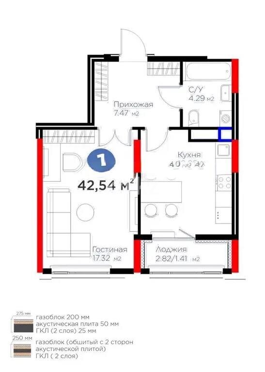 Продажа 1-комнатной квартиры, 42.54 м² в Астане