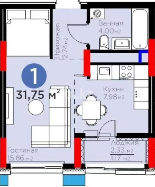 Продажа 1-комнатной квартиры, 32 м², пр. Туран, дом  57/1 в Астане