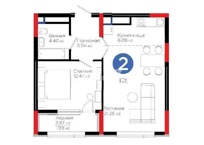 Продажа 2-комнатной квартиры, 51.35 м² в Астане