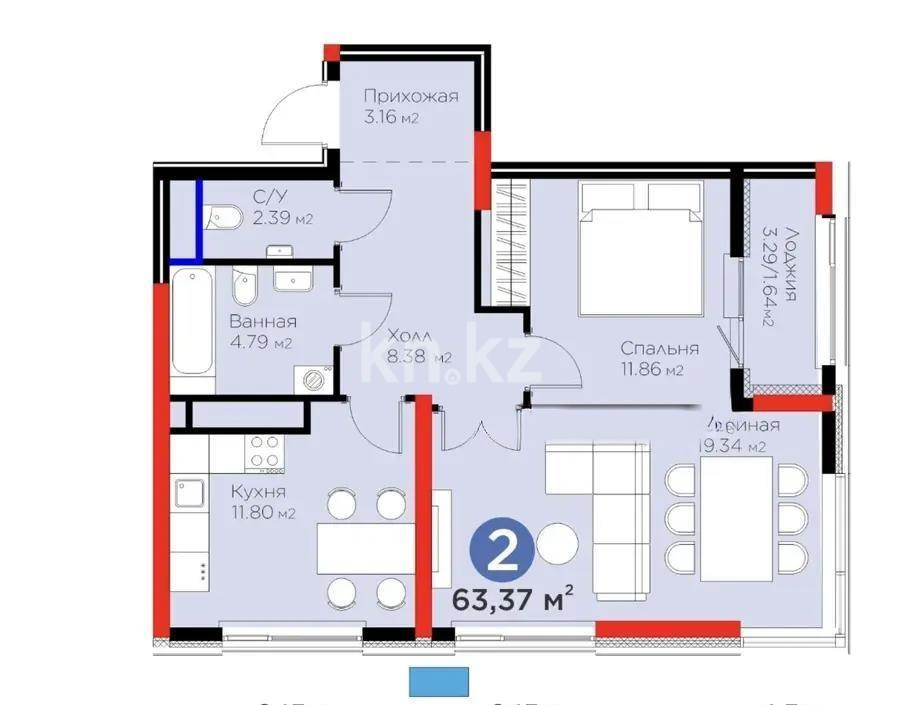 Продажа 2-комнатной квартиры, 63.37 м² в Астане