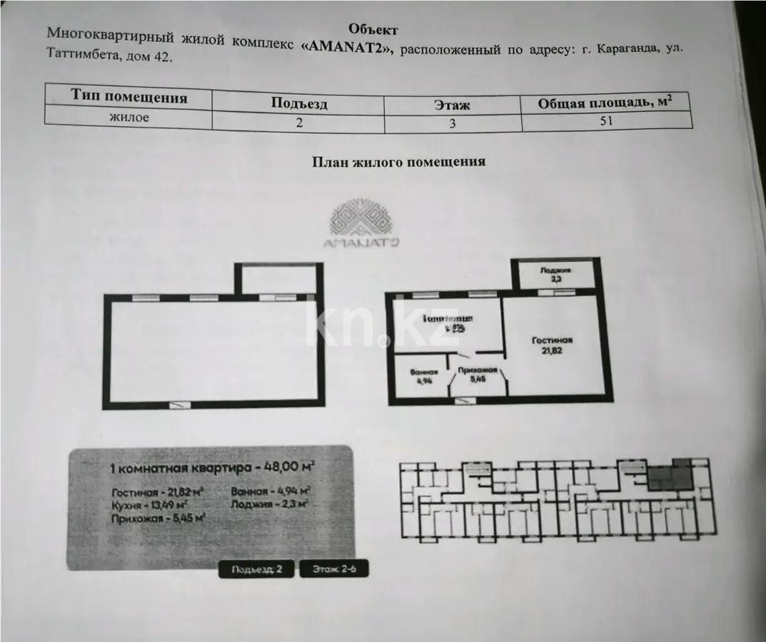 Продажа 1-комнатной квартиры, 51 м², ул. Таттимбета, дом  42 - Продажа  однокомнатных квартир в новостройках Караганды без посредников фото 1 из 1