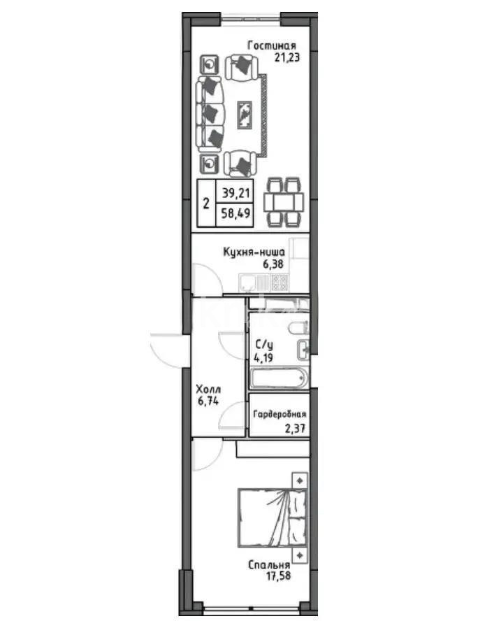 Продажа 2-комнатной квартиры, 58.49 м² в Алматы
