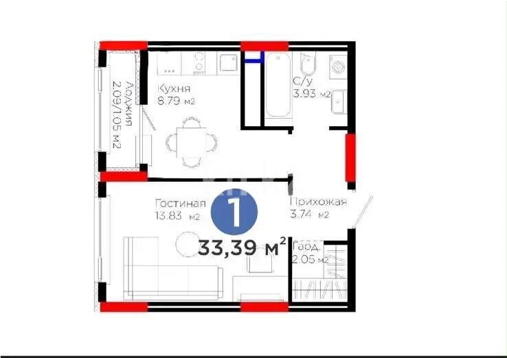 Продажа 1-комнатной квартиры, 33.39 м² в Астане