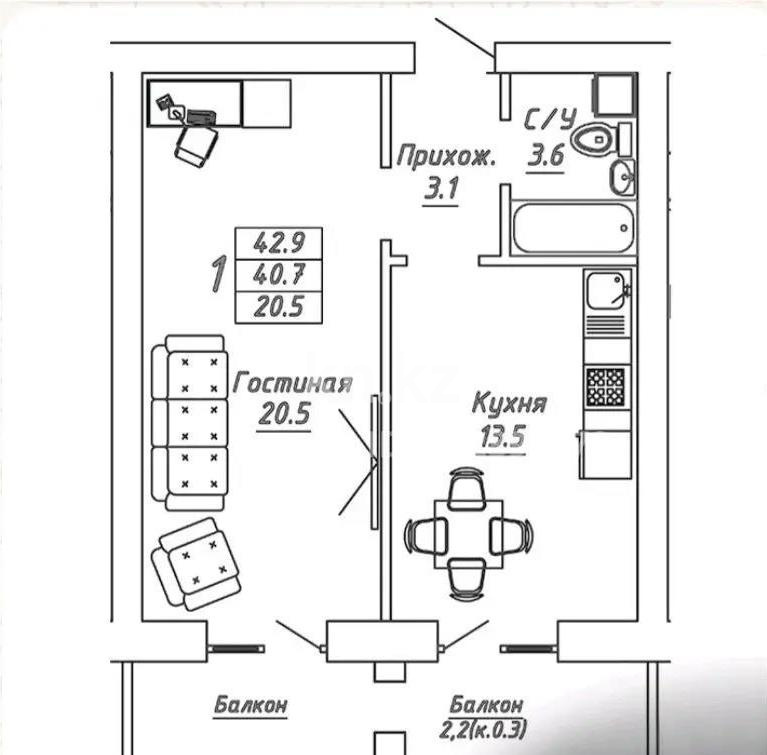 Продажа 1-комнатной квартиры, 42.9 м², ул. Бокейхана, дом  13 стр в Астане - фото 2