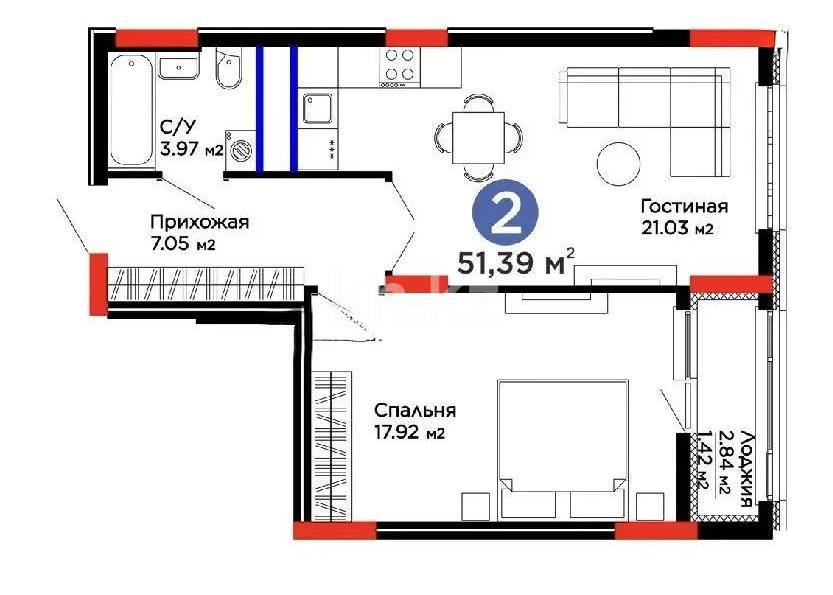 Продажа 2-комнатной квартиры, 52 м² в Астане