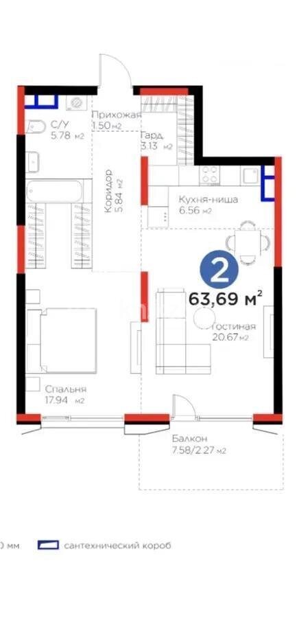 Продажа 2-комнатной квартиры, 63.69 м² в Алматы