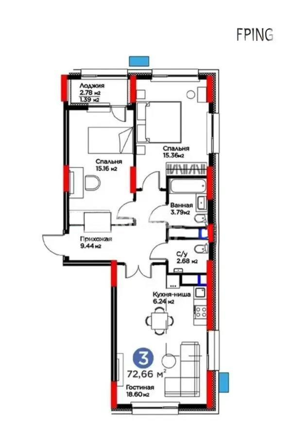 Продажа 3-комнатной квартиры, 72.66 м², пр. Туран, дом  57/1 в Астане