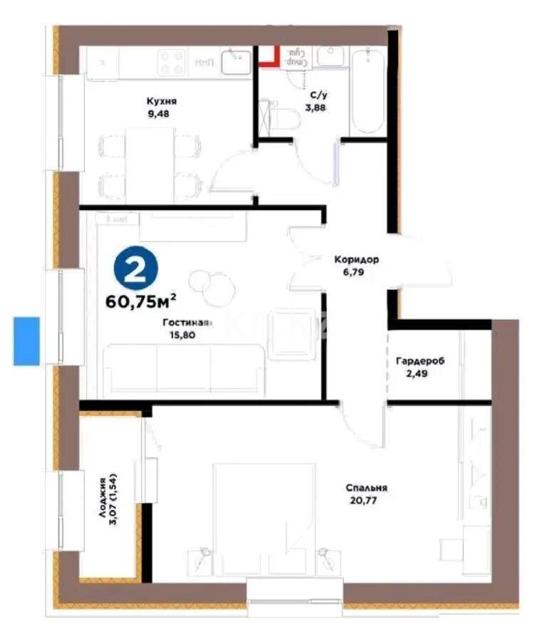 Продажа 2-комнатной квартиры, 60.75 м² в Астане