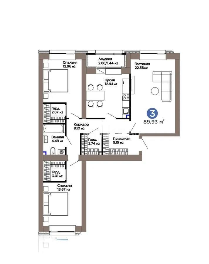 Продажа 3-комнатной квартиры, 91 м², ул. Рыскулова, дом  18/5 - Продажа квартир в Астане без посредников с фото фото 1 из 1