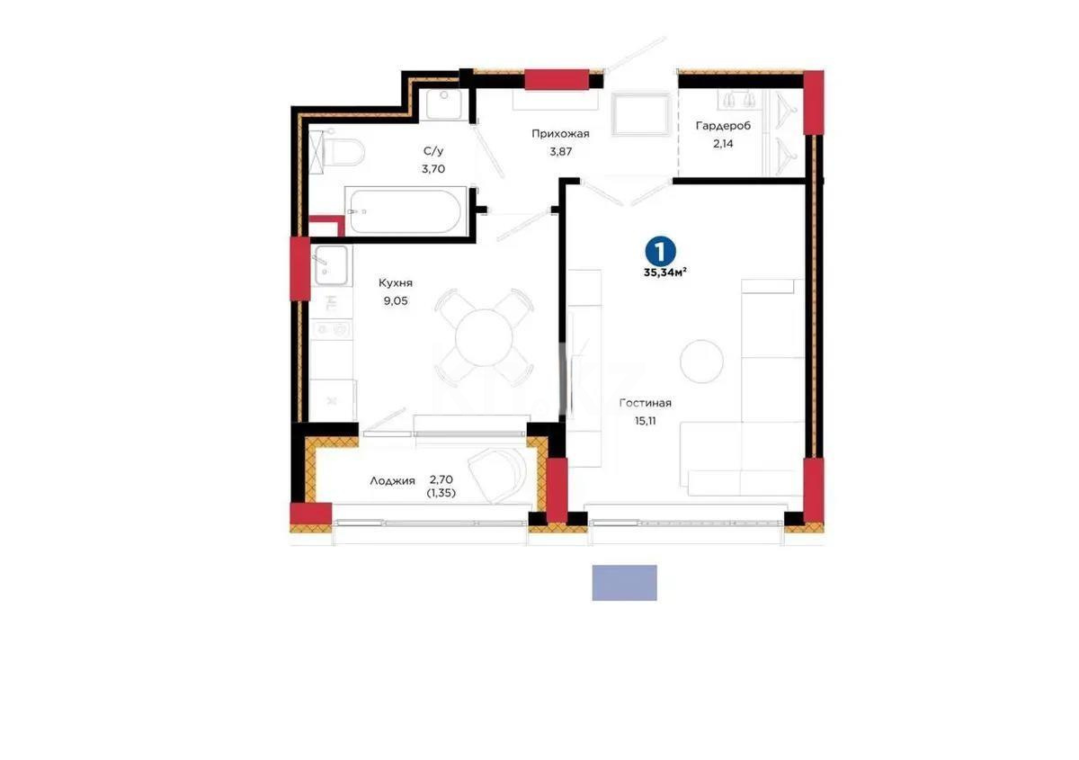Продажа 1-комнатной квартиры, 35.34 м² - Продажа квартир в новостройках Астаны - страница 6 фото 1 из 1
