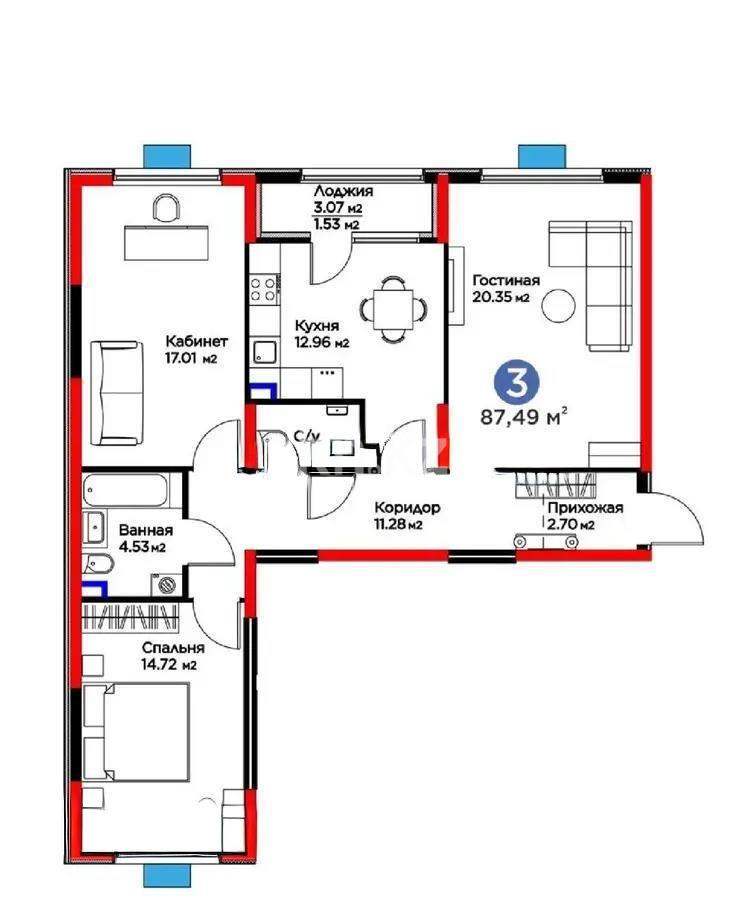 Продажа 3-комнатной квартиры, 87.49 м², ул. Момышулы, дом  11/14а - Продажа квартир в Алматы фото 1 из 1