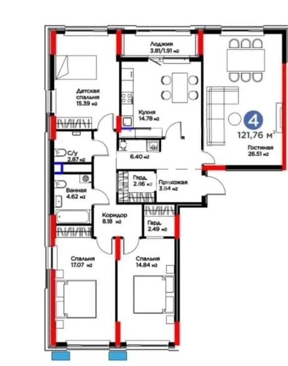 Продажа 4-комнатной квартиры, 121.76 м² - Продажа четырехкомнатных квартир в монолитно-каркасном доме в Казахстане - страница 14 фото 4 из 4