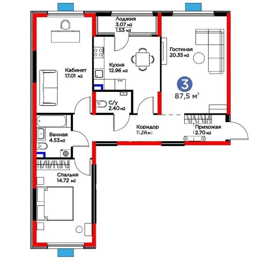 Продажа 3-комнатной квартиры, 87.5 м², ул. Момышулы, дом  11/14а - Продажа квартир в Алматы без посредников фото 1 из 1