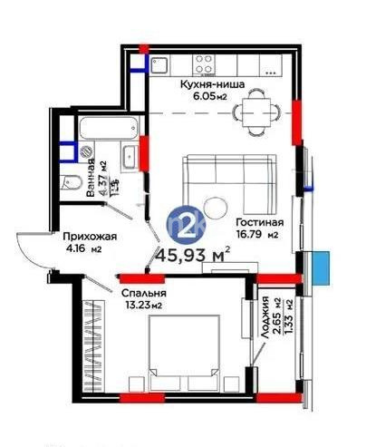 Продажа 2-комнатной квартиры, 45.9 м² в Астане