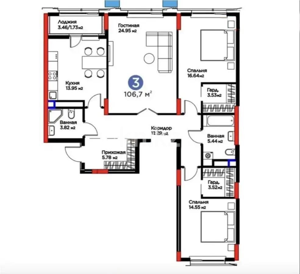 Продажа 3-комнатной квартиры, 107 м² - Продажа трехкомнатных квартир в Астане - страница 3 фото 1 из 1