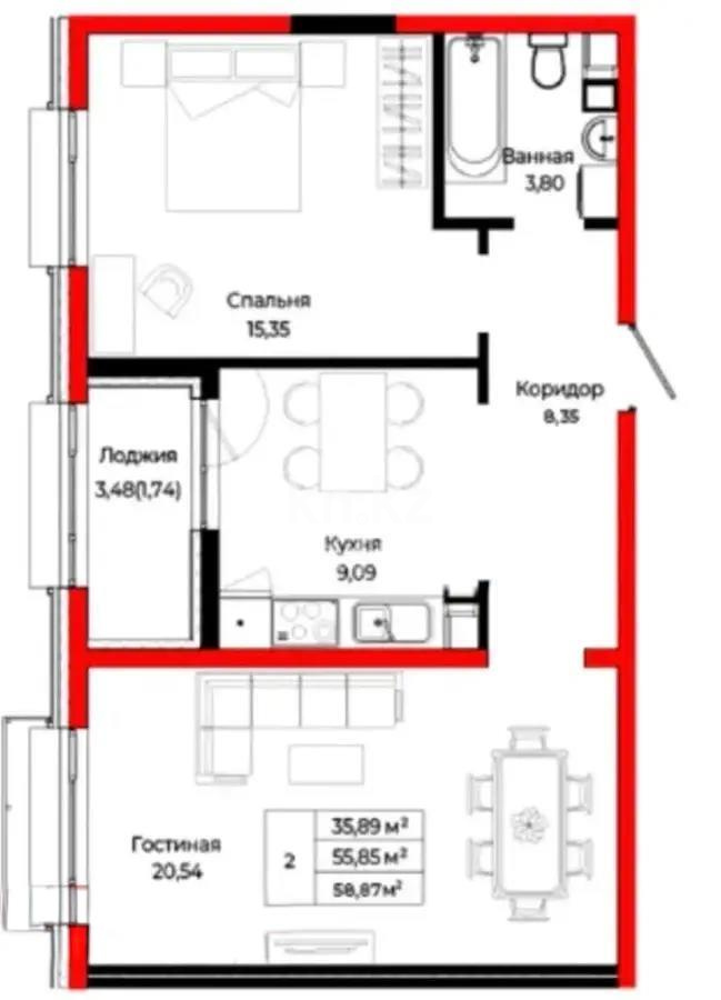 Продажа 2-комнатной квартиры, 59 м² - Продажа двухкомнатных квартир в Казахстане - страница 8 фото 1 из 1